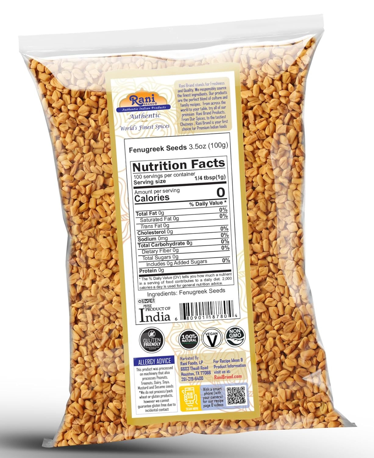 Rani Fenugreek (Methi) Seeds Whole 3.5oz (100g) Trigonella foenum graecum ~ All Natural | Vegan | Gluten Friendly | Non-GMO | Kosher | Indian Origin, used in cooking & Ayurvedic spice