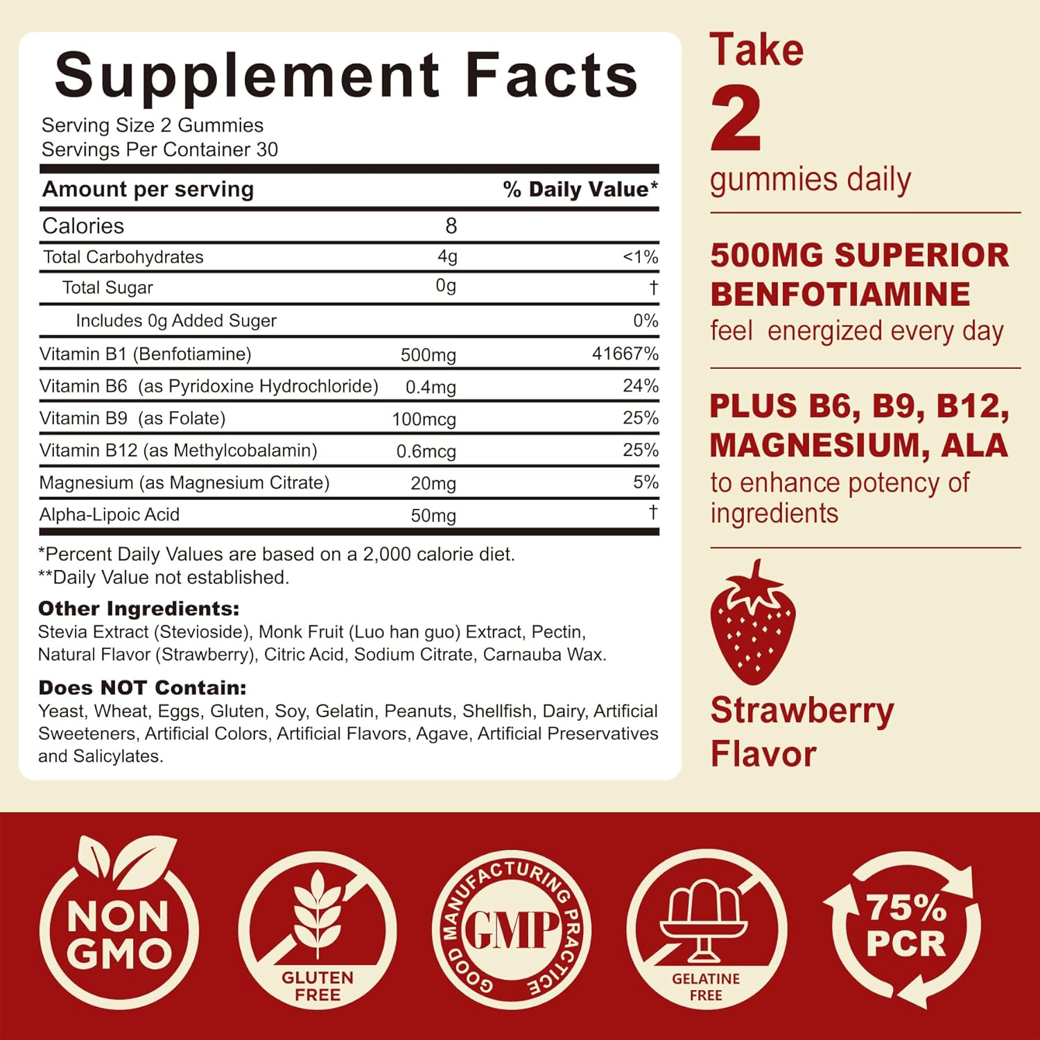 Vitamin B1 Gummies - Benfotiamine 500mg, Vitamin B1 B6 B12 Complex, Sugar Free, Non GMO, Vegan, 120 Counts