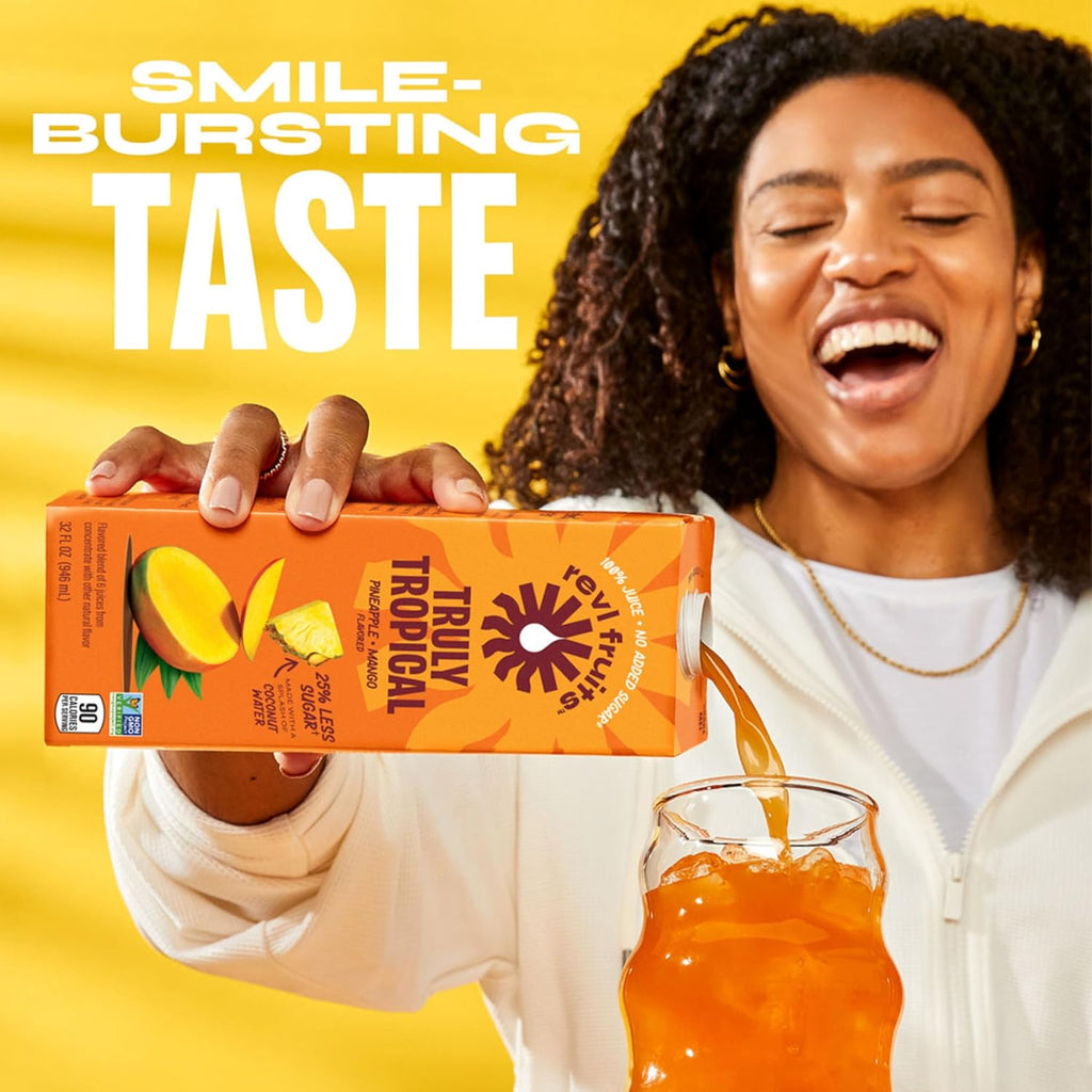 Revl Fruits 100% Juice, No Added Sugar, Pineapple Mango, Truly Tropical, 32 fl oz. Carton (Pack of 2)