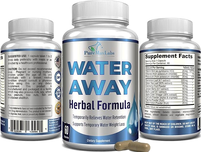 Water Away Gentle Herbal Diuretic - Natural Diuretic Water Pills - Relieve Bloating, Reduce Excess Water Weight with Dandelion Leaf, Green Tea, Detox Cleanse & Urinary Health. Non-GMO, 60 Capsules