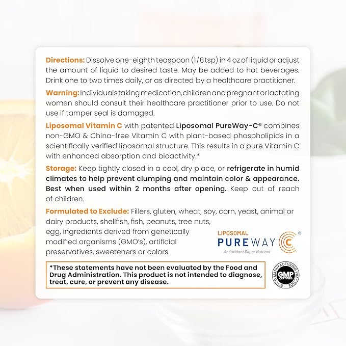 Pure Therapro Rx 100% Liposomal Vitamin C Powder, Patented PureWay Vegan Vitamin C Supplement, Supports Healthy Aging, Immune Function & Collagen Formation, Non-GMO, Made in the USA (30g, 60 Servings)