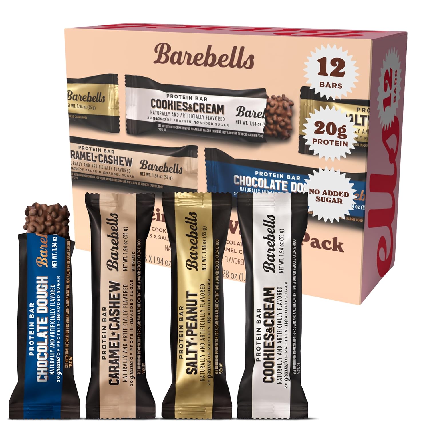 Barebells Protein Bars Variety Pack - 12 Count, 1.9oz Bars - Protein Snacks with 20g of High Protein - Chocolate Protein Bar with 1g of Total Sugars - Perfect on The Go Protein Snack & Breakfast Bars