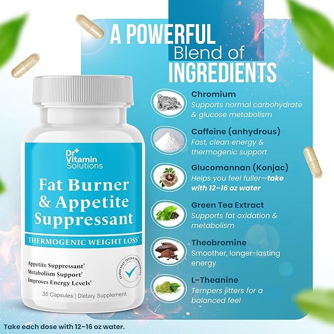 Fat Burner for Women & Men - Appetite Suppressant for Weight Loss - Pills with Chromium, Caffeine & Green Tea Extract - Metabolism Booster Thermogenic Weight Loss - 35 Capsules