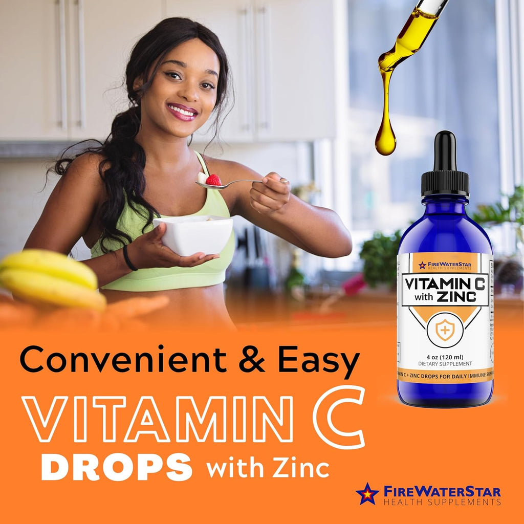FWS Liquid Vitamin C with Zinc Supplement for Adults and Kids, Organic, Non-GMO, Vegan, Easy VIT C Drops, Ascorbic Acid, 60 Day Supply, Supports Immune System and Skin Health, Essential Vitamin, 4 oz
