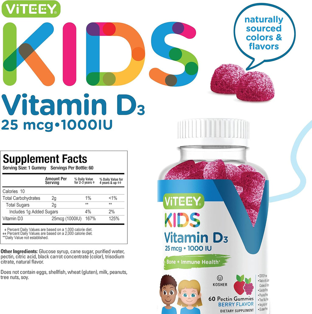 Viteey Vitamin D3 Kids Gummies 25mcg 1000 IU - Bone Health, Immune Health, Joint Muscle Support - Vegetarian, Gelatin Free, Gluten Free, GMO Free - Tasty Chewable Berry Flavored