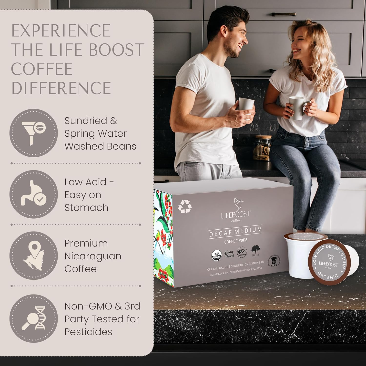 Lifeboost Organic Decaf Coffee K Cups - Low Acid Single Origin Non-GMO Mold Free Decaf Coffee Pods Compatible with Keurig & Keurig 2 - Third Party Tested for Mycotoxins and Pesticides - 10 Count