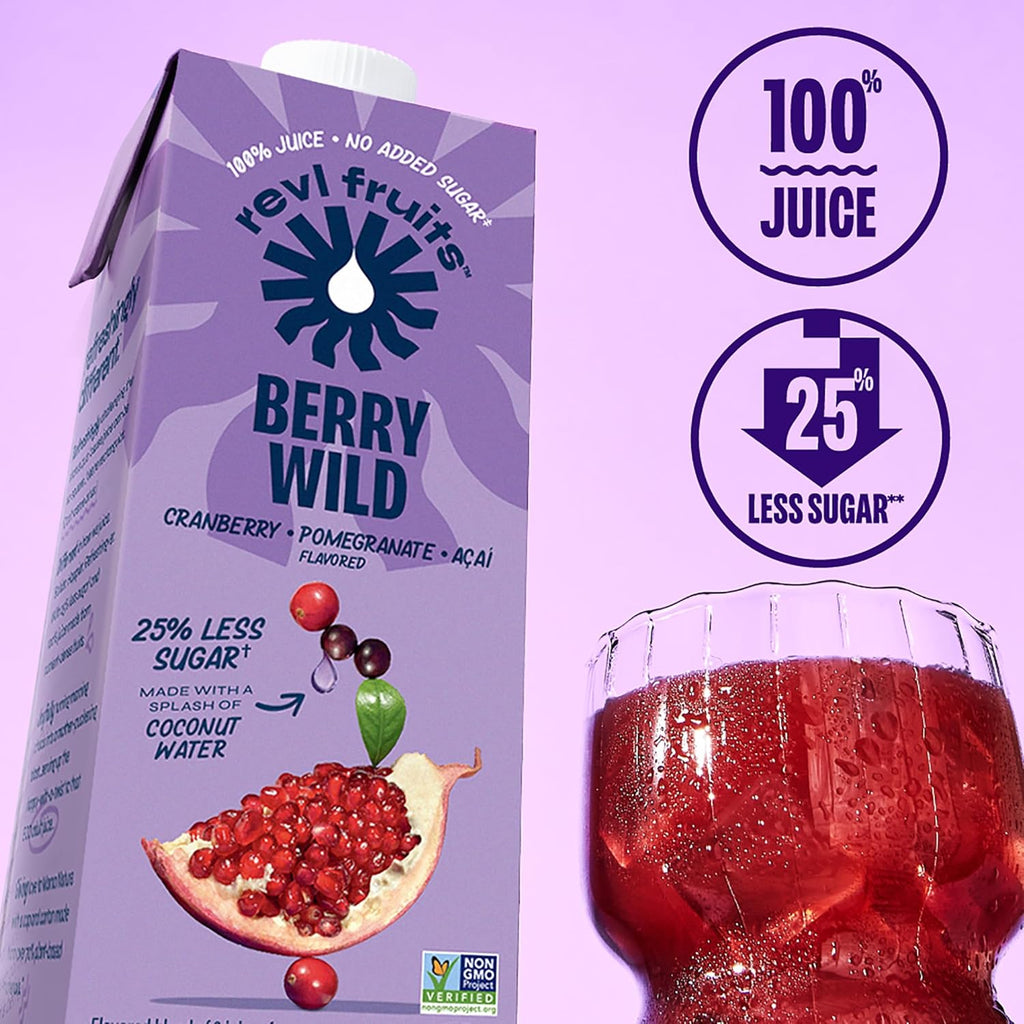 Revl Fruits™ 100% Juice, No Added Sugar, Cranberry Pomegranate Acai, Berry Wild, 32 fl oz. Carton (Pack of 6)
