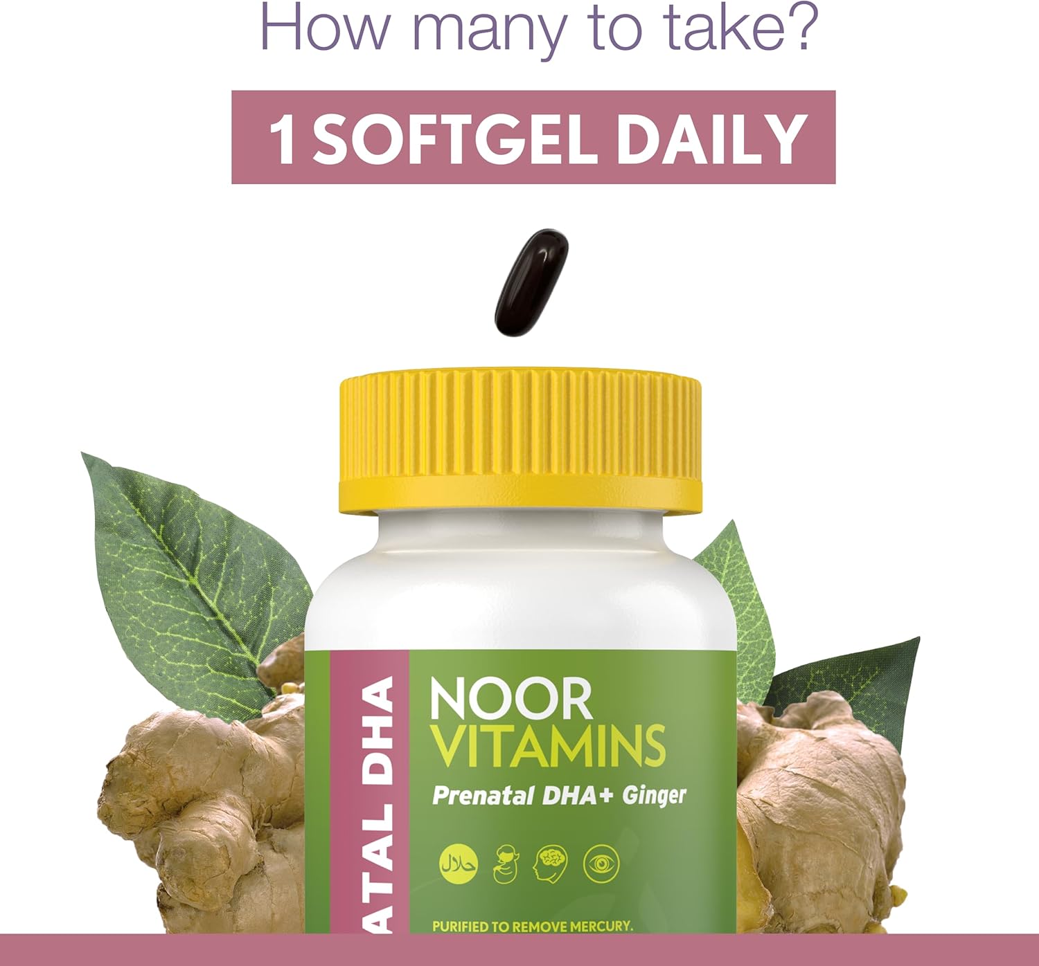 Noor Vitamins Halal Prenatal Vitamins with DHA and Folic Acid, Essential Vitamins, Ginger to Soothe Mom's Stomach, Iron, Softgels, Prenatal Vitamin Before/During/Post Pregnancy (1 Month Supply)