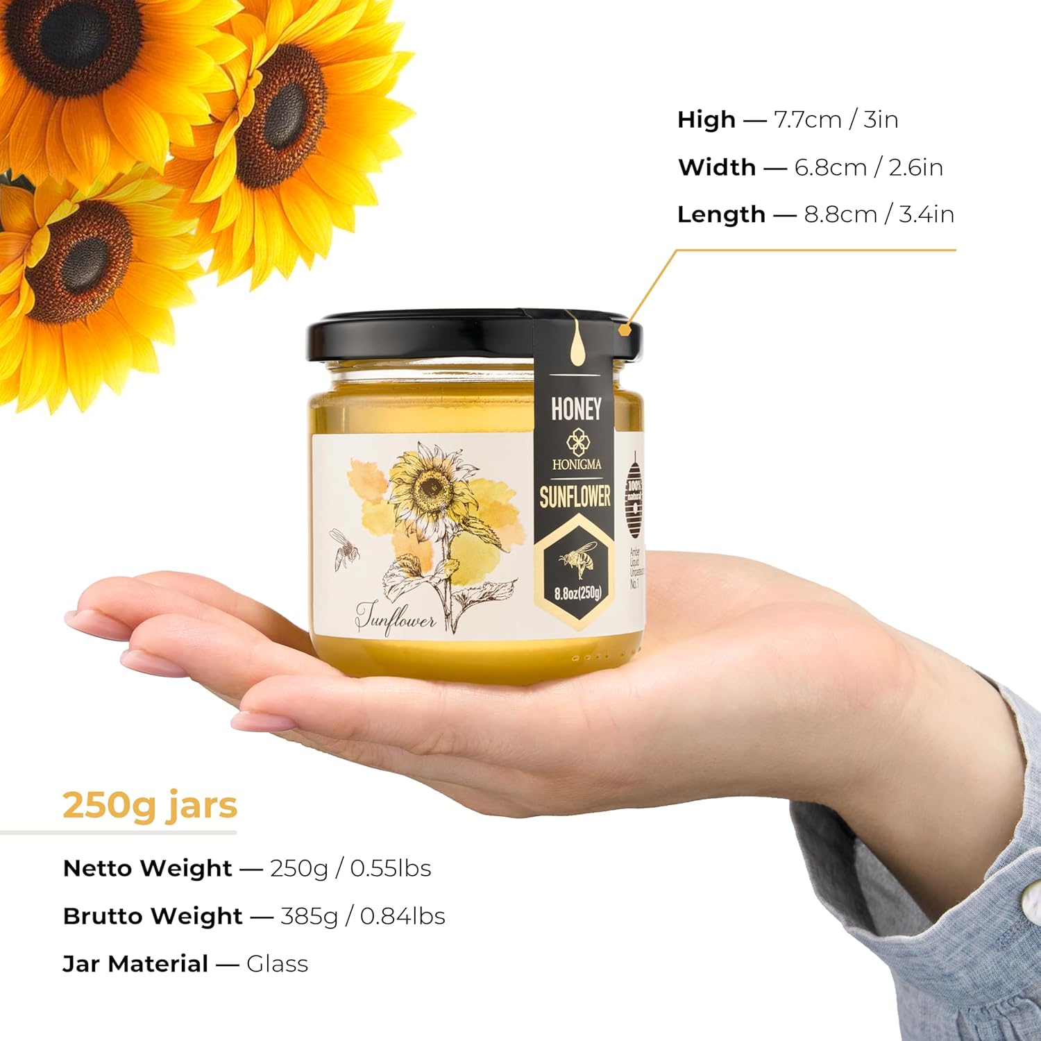 HONIGMA® Raw Sunflowers Honey | Exquisite Taste | 100% Pure | Unpasteurized | Unfiltered | Partially crystallized | 250g/8.8oz