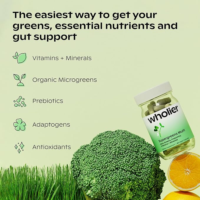 wholier Supergreens Multi, Daily Greens, Plant-Based Multivitamin for Women + Men, Whole Food Vitamins + Minerals, Prebiotics for Gut Health, Adaptogens (60 Vegan Capsules) Glass Bottle
