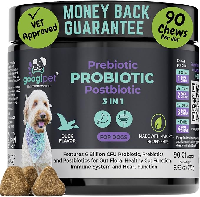 Googipet Probiotics for Dogs Digestive Health - Prebiotics and Probiotics Chews for Dog Yeast Infection Treatment + Digestive Enzymes - Dog Probiotics for Itchy Skin & Ears w/Papaya, Pumpkin, & Fiber