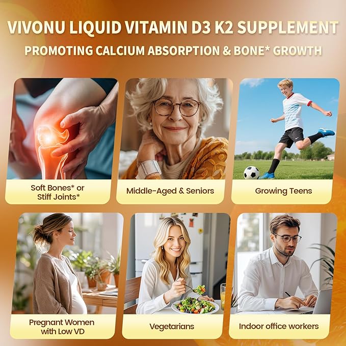 VivoNu Vitamin D3 K2 Drops, D3 20000 IU & K2 as MK-7 400mcg, Orange Flavor Vitamin D Liquid Drops Supplement with Magnesium, Calcium, Zinc & Omega 3 for Immune*, Mood*, Bone* Health