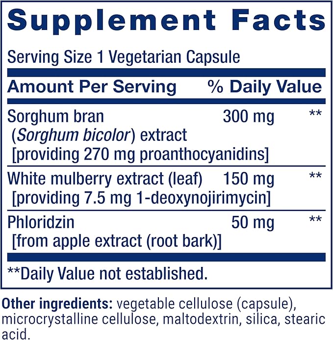 Life Extension Tri Sugar Shield®, Sorghum bran, White Mulberry, phloridzin Apple polyphenol, Three Botanical extracts Promote Healthy Glucose Metabolism, Gluten-Free, Non-GMO, Vegetarian, 60 Capsules