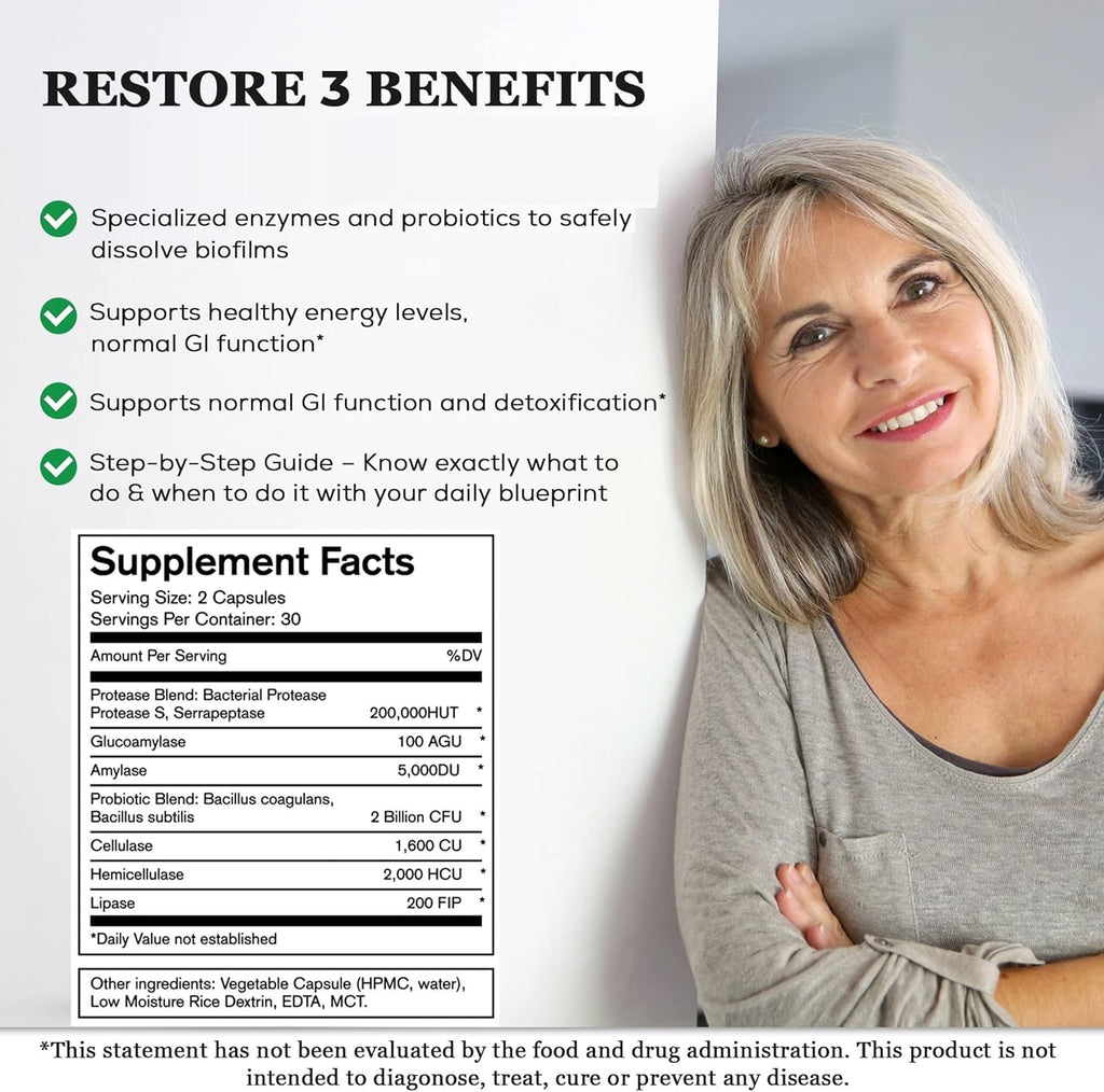 Restore 3 Proteolytic Enzyme & Spore Probiotic Blend Supplement - 60 Capsules - Advanced Biofilm Disruption Aid - Support GI Health, Fibromyalgia, Gut Flora, Muscle