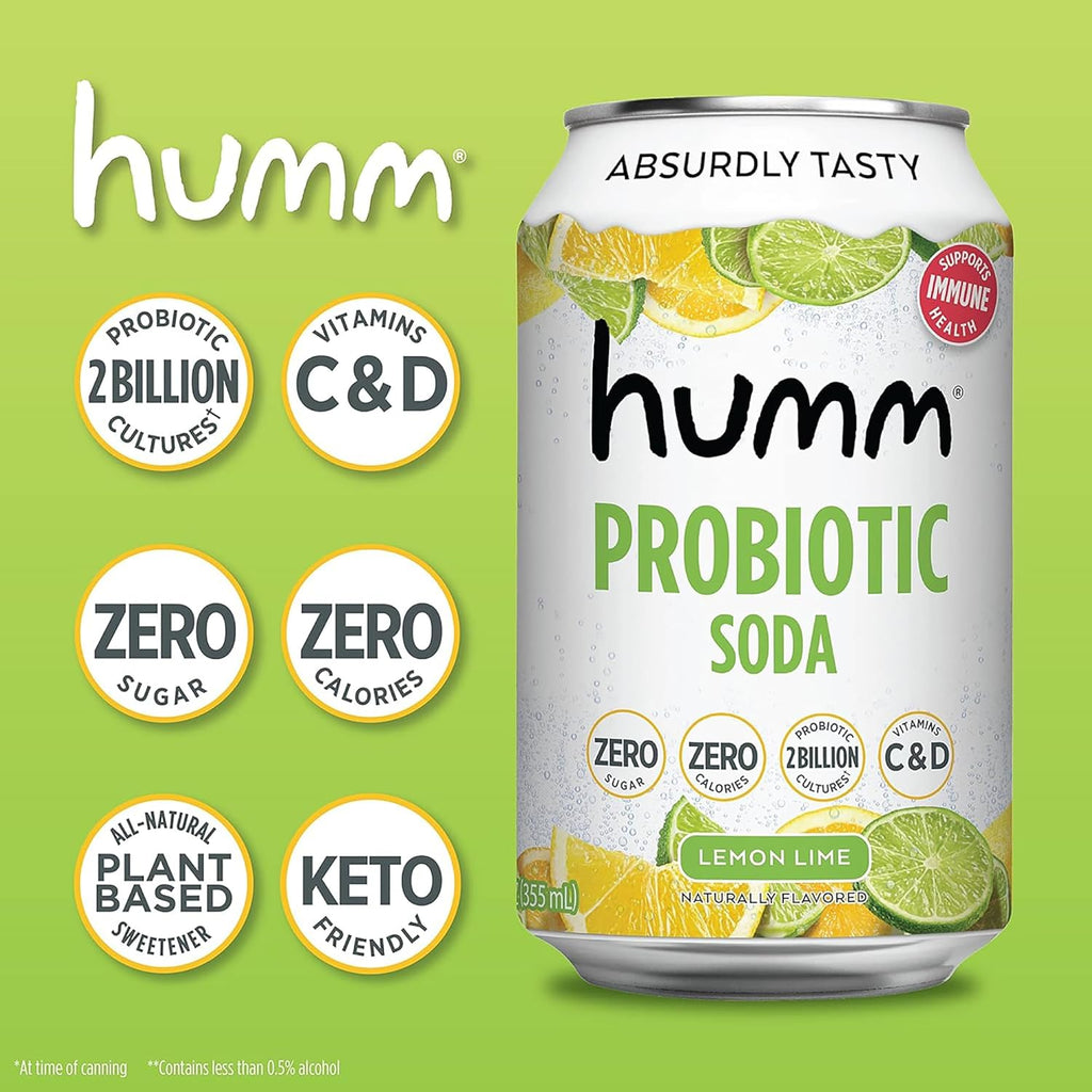 Humm Sparkling Probiotic Lemon Lime Soda, Zero Sugar, Zero Calorie, 2 Billion Probiotics, Vitamin C, D, and B12, 12 fl oz (Pack of 12)
