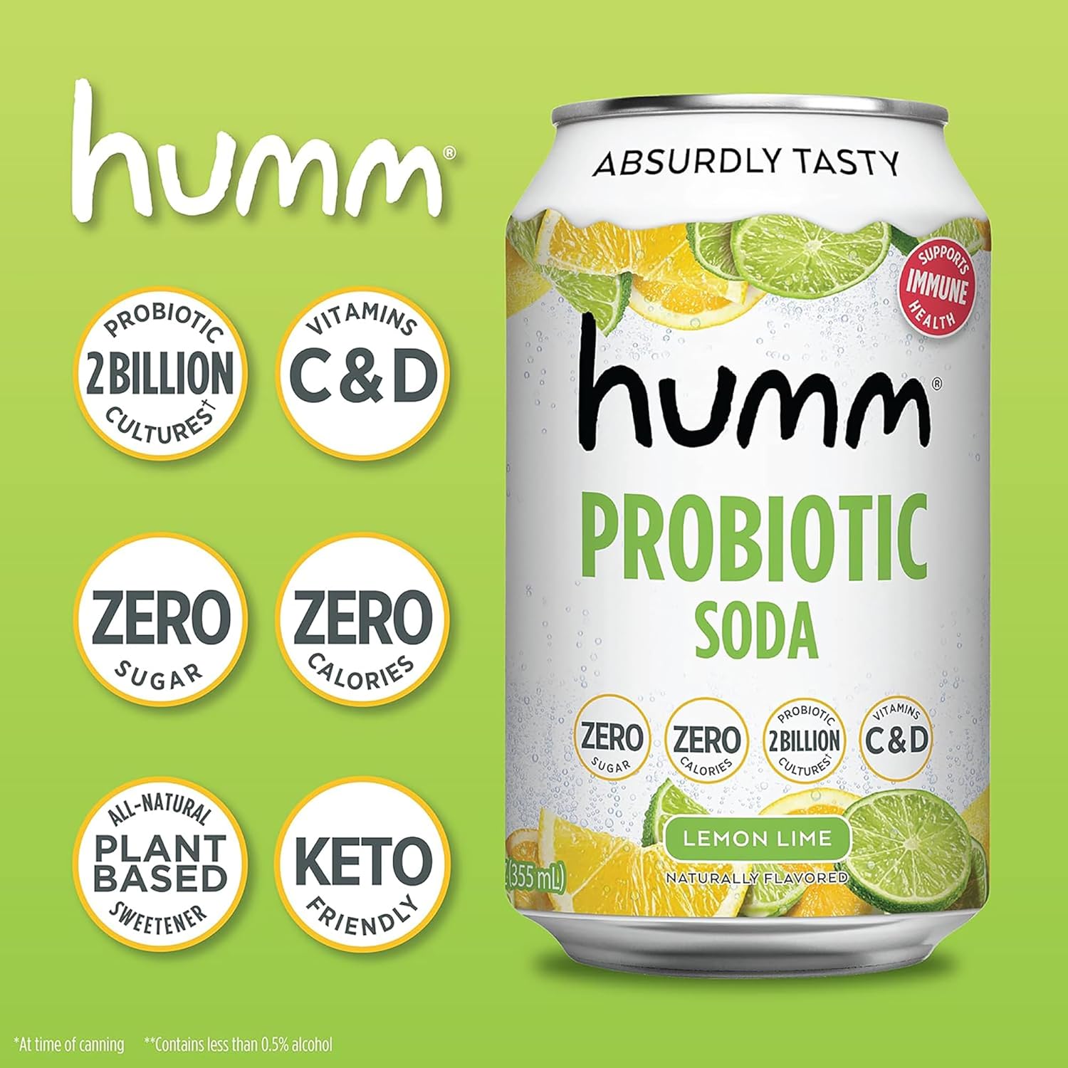 Humm Sparkling Probiotic Lemon Lime Soda, Zero Sugar, Zero Calorie, 2 Billion Probiotics, Vitamin C, D, and B12, 12 fl oz (Pack of 12)