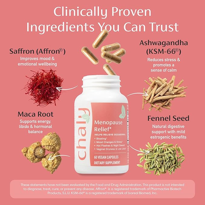 Chaly Menopause Supplements for Women with Ashwagandha KSM 66 and Saffron | Hot Flash, Bloating, Libido, Vaginal Dryness, Stress, and Mood Support Supplement | Menopause Relief Supplements | 60 Count