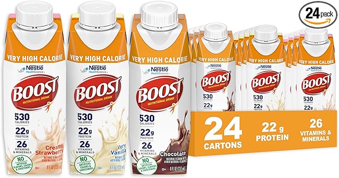 BOOST Very High Calorie Nutritional Drink – Helps Weight Gain & Maintenance -530 Calories -26 Vitamins & Minerals - 22 g Protein - Variety Pack - Vanilla, Chocolate & Strawberry - 8 fl oz (Pack of 24)