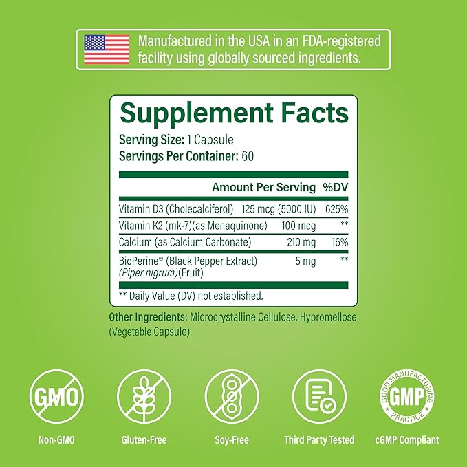 Noophoric D3 K2 Vitamin 5000 IU - Vitamin K2 100 mcg MK7, Calcium, BioPerine - Bone Health & Immune Support Supplement - Gluten-Free, Non-GMO - Vitamin D3 K2 Supplement (60 Servings)