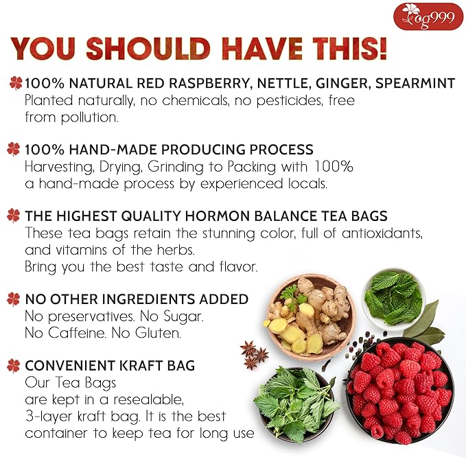 TOG999, 60 Tea Bags for Hormone Balance Menstrual Cycle Support, 100% Natural & Pure from Red Raspberry Leaves with Spearmint Flavor. Natural Material Tea Bags. No Sugar, No Caffeine, Vegan.