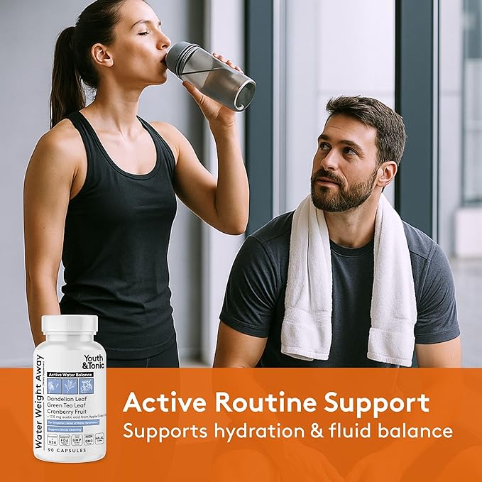Youth & Tonic Water Weight Away – Herbal Diuretics for Water Retention & Bloating Support – with Potassium & Vitamin B6 for Fluid Balance – 90 Pills for Belly Bloat, Leg & Feet Swelling Support