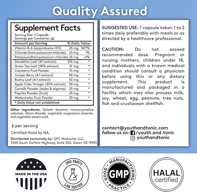 Youth & Tonic Water Weight Away – Herbal Diuretics for Water Retention & Bloating Support – with Potassium & Vitamin B6 for Fluid Balance – 60 Pills for Belly Bloat, Leg & Feet Swelling Support