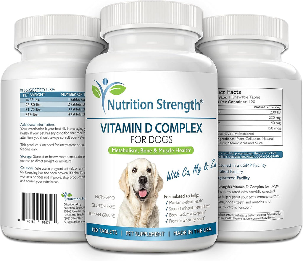 Vitamin D for Dogs with Calcium, Magnesium and Zinc to Support Strong Teeth, Bones and Muscles, Promote Mineral Metabolism and a Healthy Immune Function, 120 Chewable Tablets