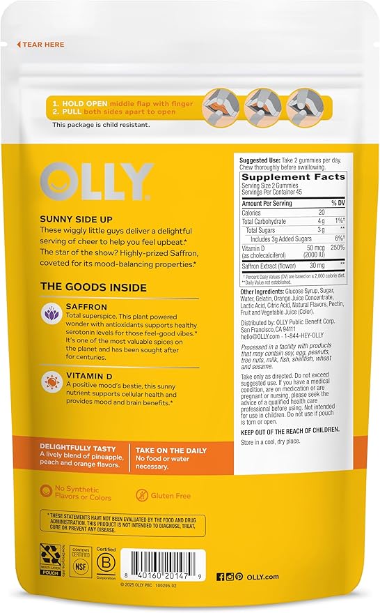 OLLY Hello Happy Gummy Worms, Mood Balance Support, Vitamin D, Saffron, Adult Chewable Supplement, Gluten Free, Tropical Zing - 90 Count