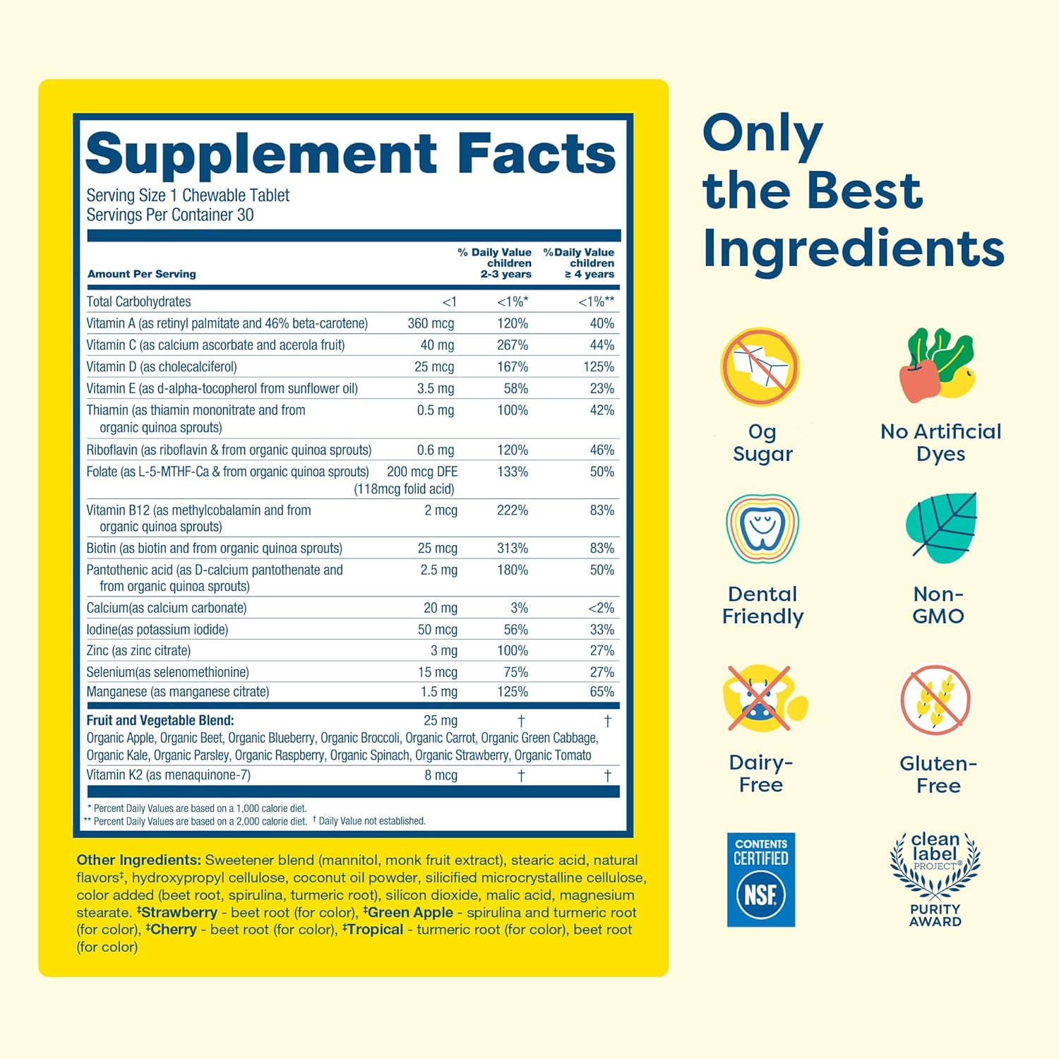 HIYA Kids Multivitamin Tablets – 15+ Essential Vitamins & Minerals with Fruits & Veggies for Ages 2+, Supports Growth, Development & Immune, 0g Sugar – 30 Day Supply for Toddlers & Kids