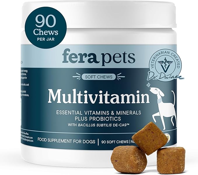 Fera Pets Dog Multivitamin Chews with Glucosamine and Probiotics - Essential Dog Vitamins & Minerals - Promotes Healthy Digestion & Joints - Boosts Skin & Coat Health with Omega-3s - 90 Soft Chews
