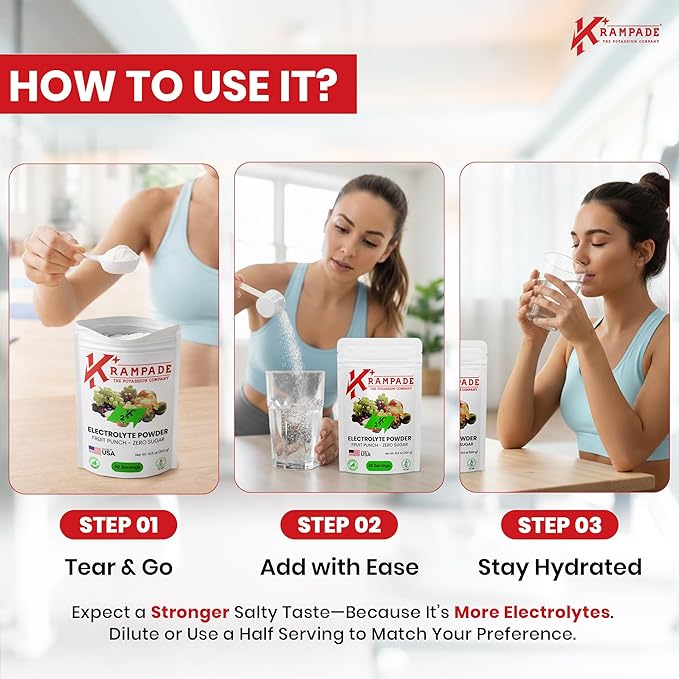 Krampade High Potassium Electrolytes Powder Zero Sugar Fruit Punch, 4180mg Electrolytes, 2000mg Potassium, Cramp Relief & Prevention, Cellular Hydration, Better Endurance & Recovery, Keto, 50 Servings