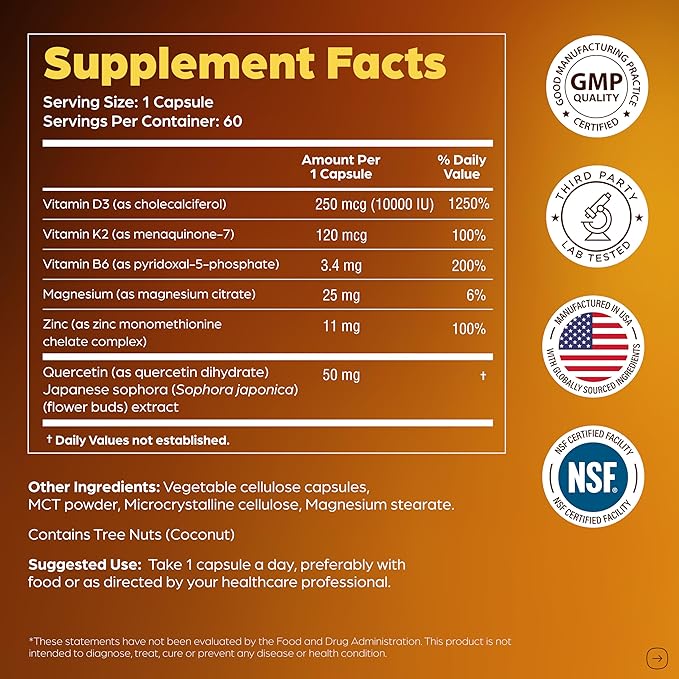 Sandhu's Vitamin D3 K2 Magnesium 10000 IU, 120mcg K2 Capsules 60 Count (Pack of 1) | with VIT B6, Zinc & Quercetin | D3K2 Supports Superior Absorption, Energy, Immune, Muscle Health for Men & Women