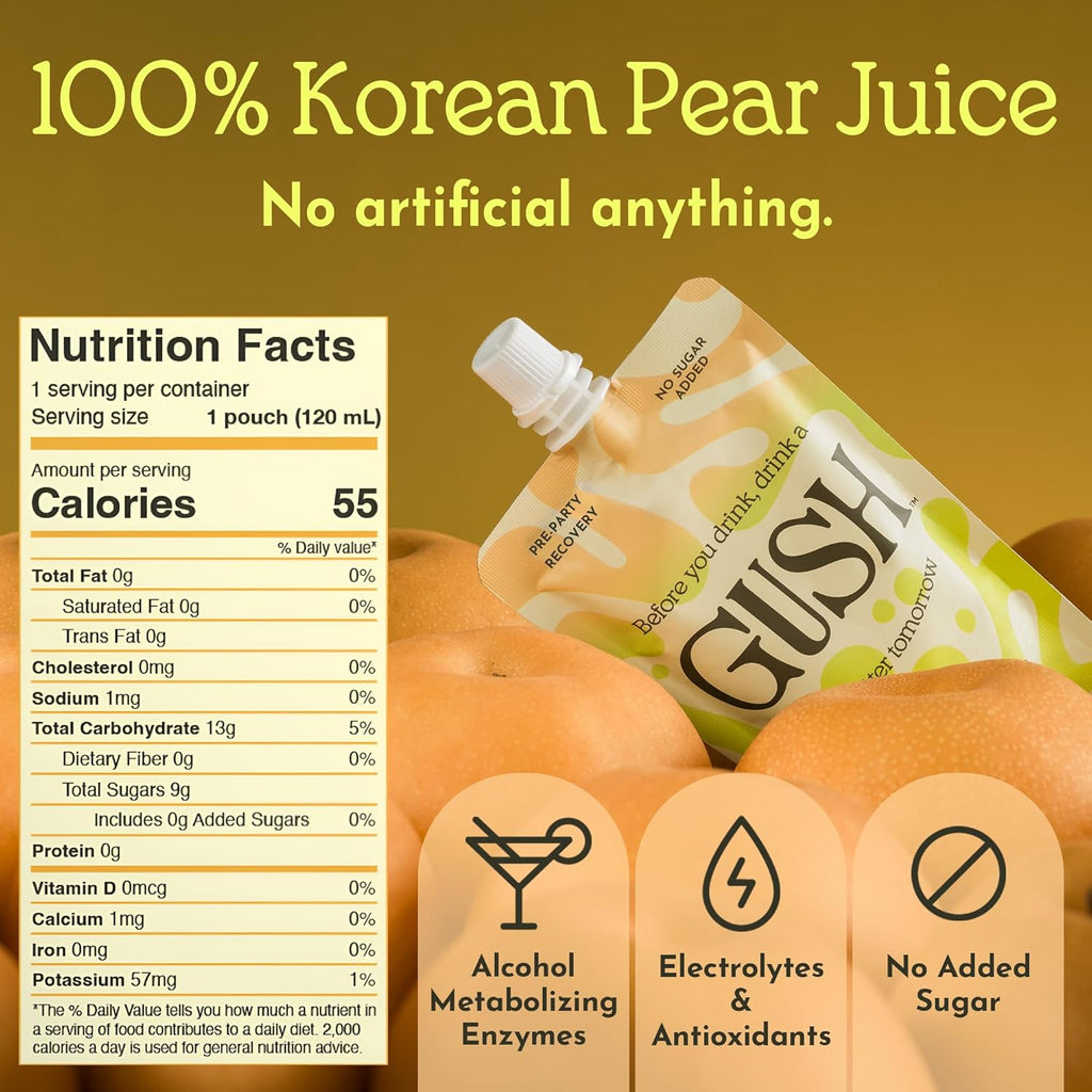 GUSH Pre-Drink Korean Pear Drink - (4 Pack) Pear Hydration Pouch with Enzyme Activation - Prevent Drinking Aftereffects - All Natural, Gluten-Free