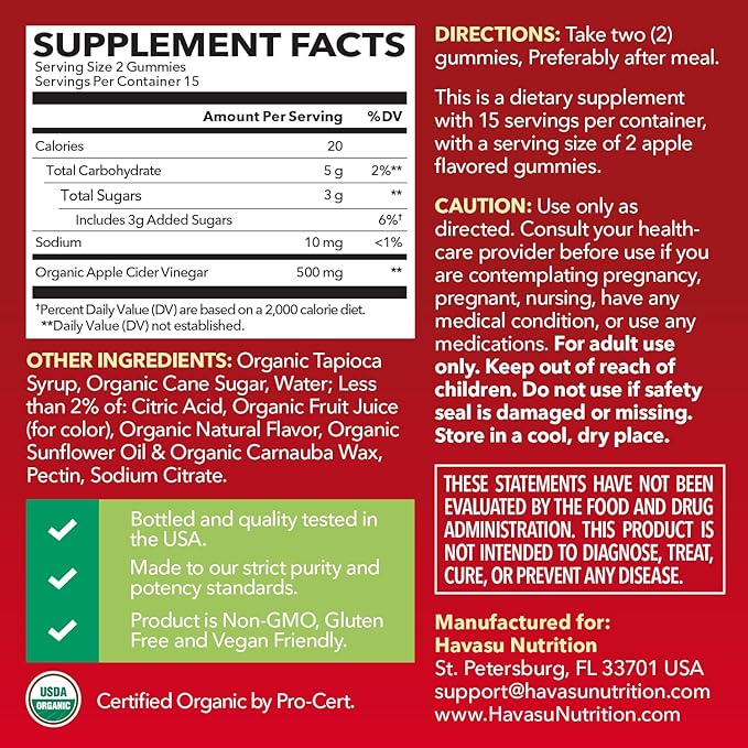 Apple Cider Vinegar Gummies - Organic ACV Vitamins for Digestive Health, Metabolism & Gut Support - 30 Count - Vegan, Non-GMO, Gluten-Free - Delicious Flavor & No Harsh Taste - 15 Day Supply