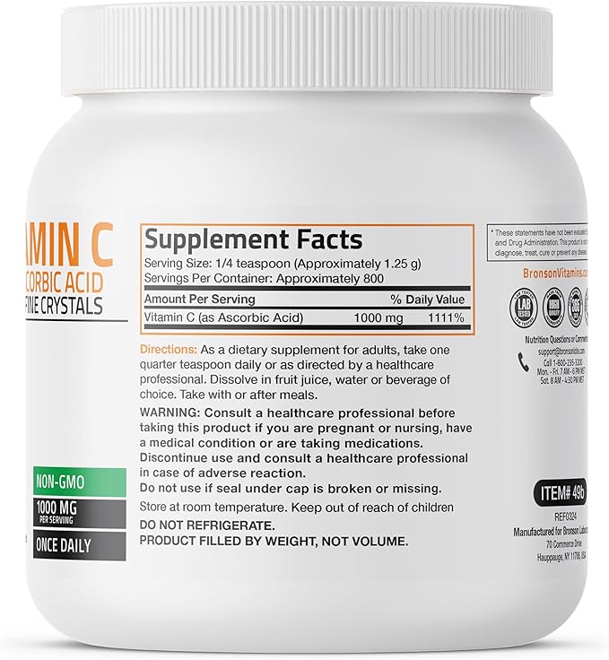 Bronson Vitamin C Powder Pure Ascorbic Acid Soluble Fine Non GMO Crystals – Promotes Healthy Immune System and Cell Protection – Powerful Antioxidant - 1 Kilogram (2.2 Lbs)