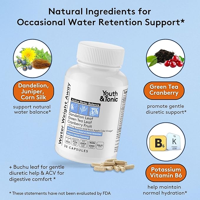 Youth & Tonic Water Weight Away – Herbal Diuretics for Water Retention & Bloating Support – with Potassium & Vitamin B6 for Fluid Balance – 30 Pills for Belly Bloat, Leg & Feet Swelling Support