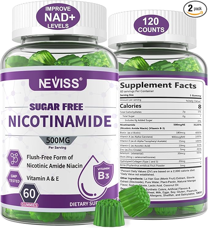 Sugar Free Nicotinamide 500mg Gummies, (Flush Free Niacin) Vitamin B3 Niacinamide Supplement for Cellular Energy Metabolism & Repair, Vitality, Healthy Aging, Cranberry Flavor, Easy to Chew, 120 Cts