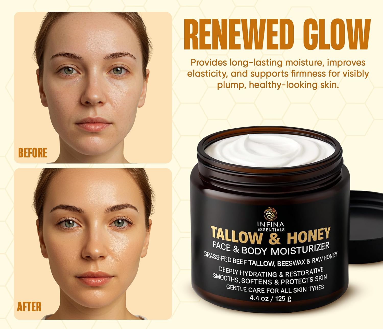 Beef Tallow for Skin with Honey - Grass Fed Beef Tallow for Face Wrinkles - Hydrating Cream Face and Body Moisturizer with Raw Honey and Olive Oil for Dry Skin, Hands, Feet - 4.4 oz