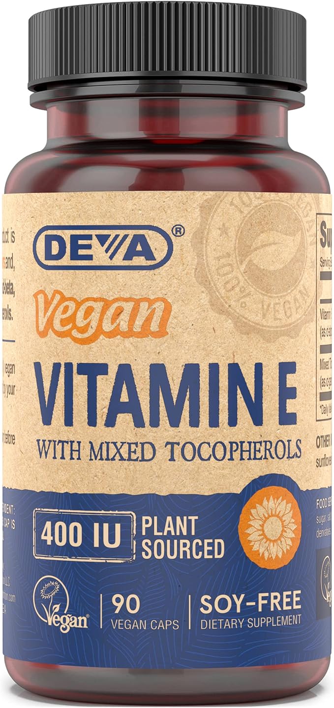 DEVA Vegan Vitamins Natural Vitamin E 400IU with Mixed Tocopherols, Supports Immune System & Skin Nutrition, Natural Antioxidant & Gluten Free, Dairy Free, Non-GMO, 90 Capsules