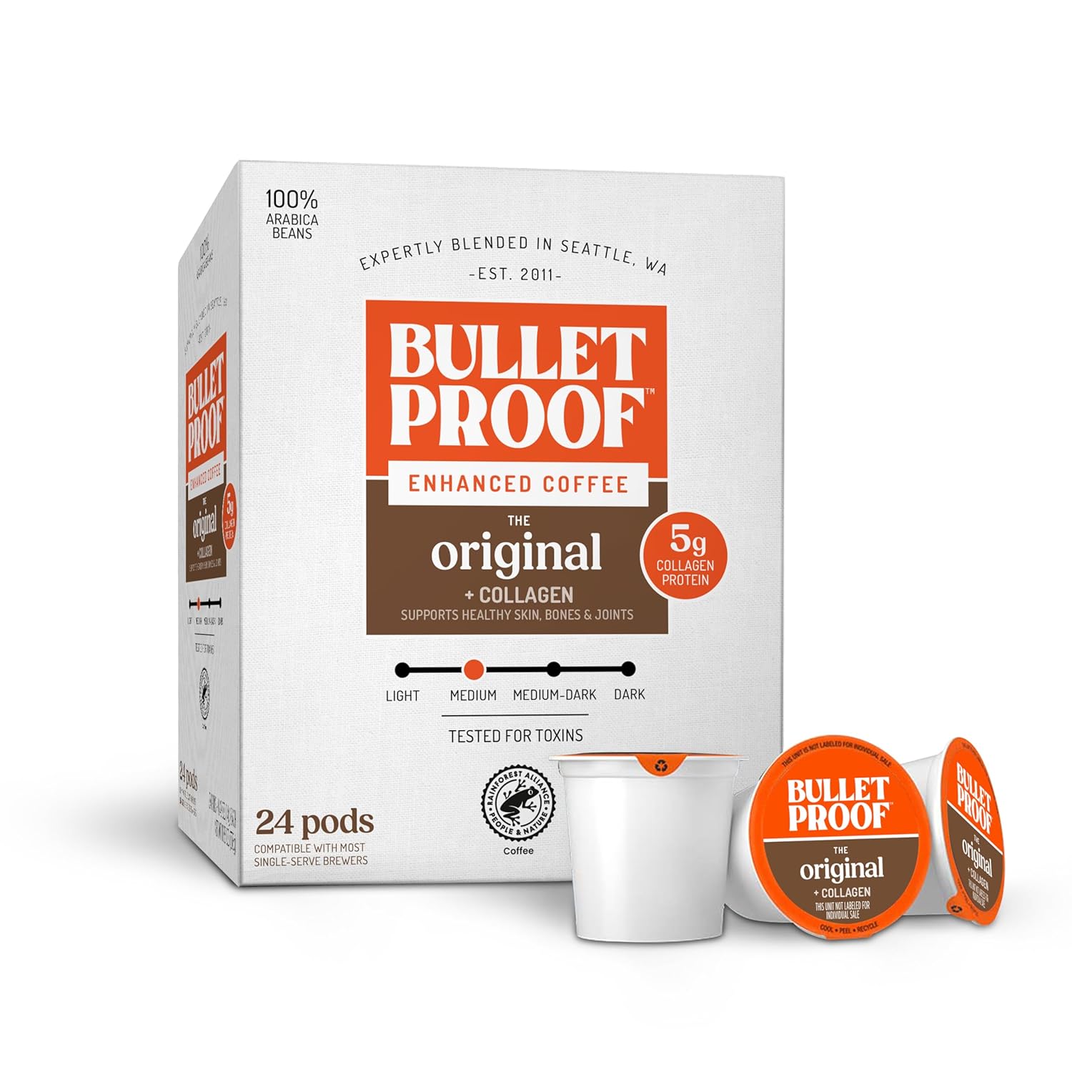 Bulletproof Coffee + Collagen Single-Serve Coffee Pods, 24 Count, Clean Coffee Tested for Toxins, Packaging May Vary