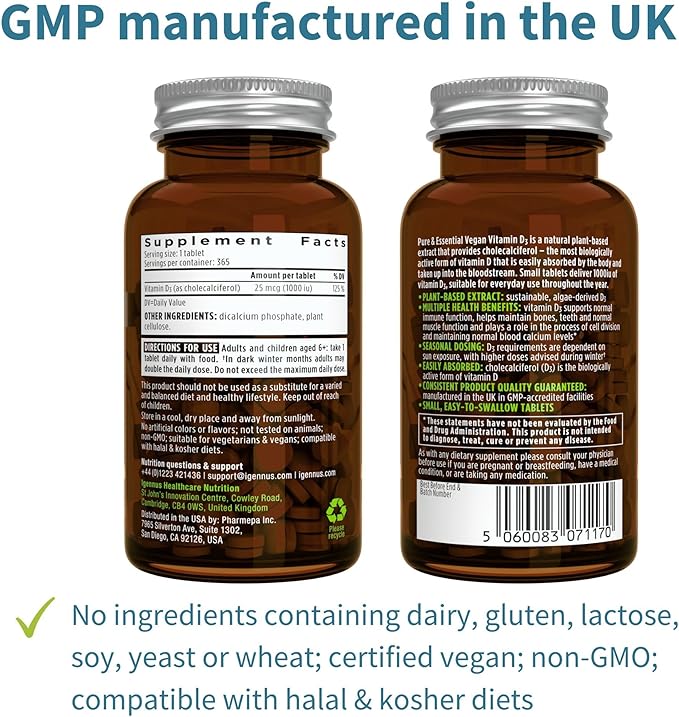 Igennus Natural Vegan Vitamin D3 1000IU, Clean Label, 365 Tablets, 100% Plant-Based Algae Cholecalciferol & Non-GMO, Immune, Bones & Teeth, 1-Year Supply