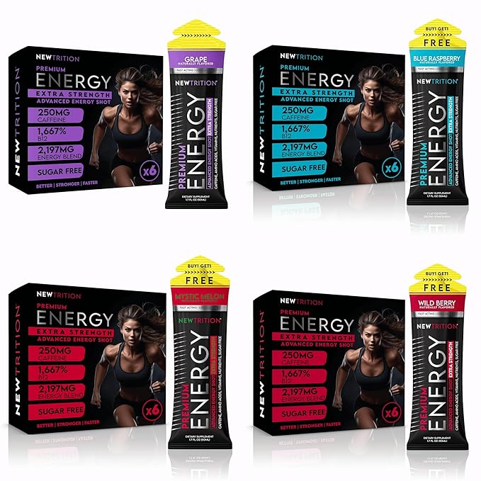 NewTrition® Extra Strength Energy Shots 1.7 fl oz - 250mg Caffeine with B Vitamins & Amino Acids, Sugar-Free Zero Calorie Vitamin Energy Drink for Focus & Endurance (Pack of 24, 8 Flavors - Mixed 1&2)