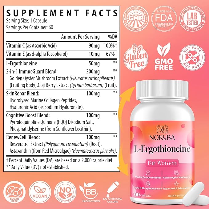 L-Ergothioneine with Collagen Peptides, Hyaluronic Acid | 2X Antioxidant of Glutathione | 11-in-1 Collagen Supplement for Women | Skin, Brain, Immune, Cognitive Support | 60 Capsules