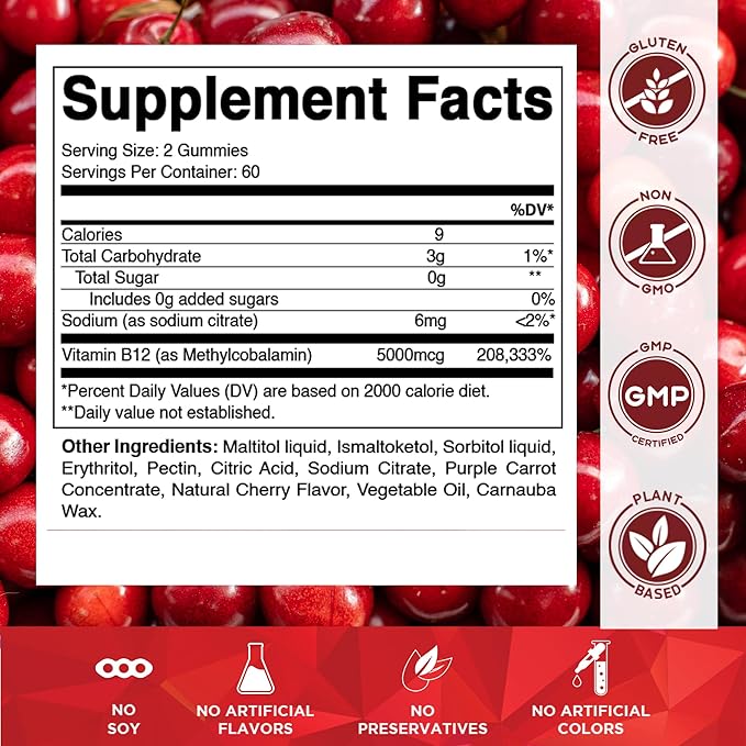 Vitamatic Extra Strength Vitamin B12 5000 mcg (Methyl B12) Gummies - 120 Count - Energy Metabolism Support and Nervous System Health Support, Natural Cherry Flavored (3)