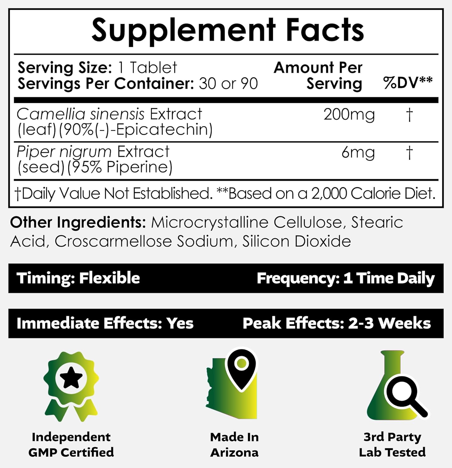 Nootropics Depot Epicatechin Tablets | 200mg (−)−Epicatechin + 6mg Piperine for Bioavailability | Green Tea Extract | Promotes Muscle Mass, Cardiovascular Health, and Energy | 30 Count