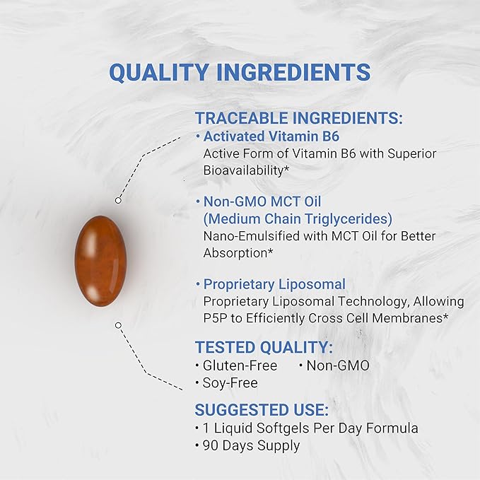 Naturalis Liposomal P-5-P 50mg Activated Vitamin B6 Nano-Emulsified in MCT Oil for Better Absorption | Non-GMO and Soy Free | Support Energy Metabolism and Neurological Function | 90 Softgels