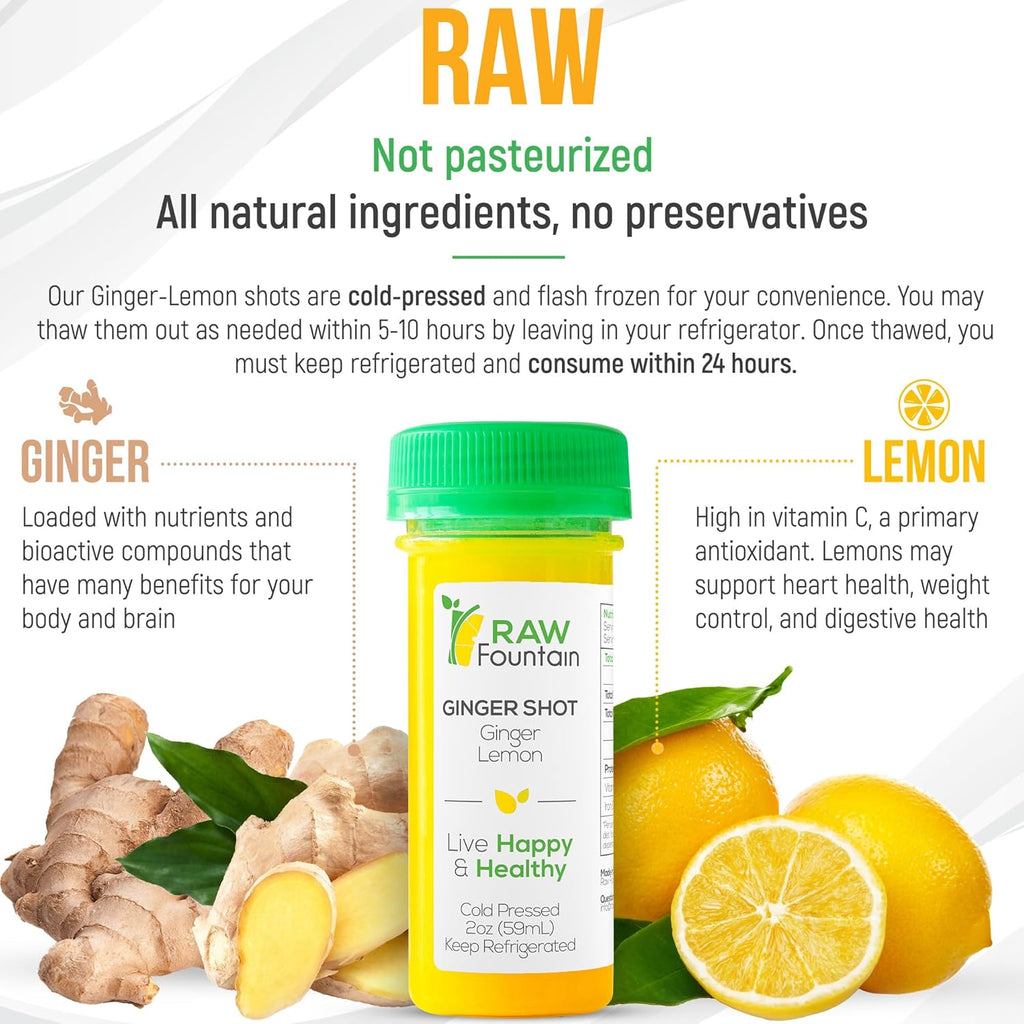 20 Ginger Shots with Lemon 2fl Oz, Vitamin C, Raw and Cold Pressed, Unpasteurized, Boosts Immunity, All Natural, No Artificial Flavors or Preservatives