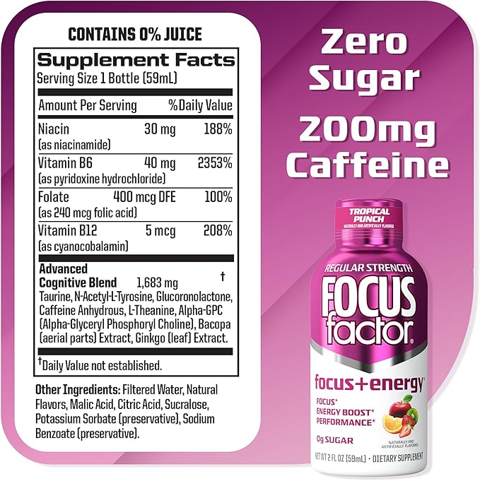 Focus Factor Focus + Energy Shots - 12 x 2oz Bottles (Tropical Punch Flavor) - Powered by Nootropics with Caffeine, L-Theanine, Ginkgo, Bacopa, L-Tyrosine, Alpha GPC