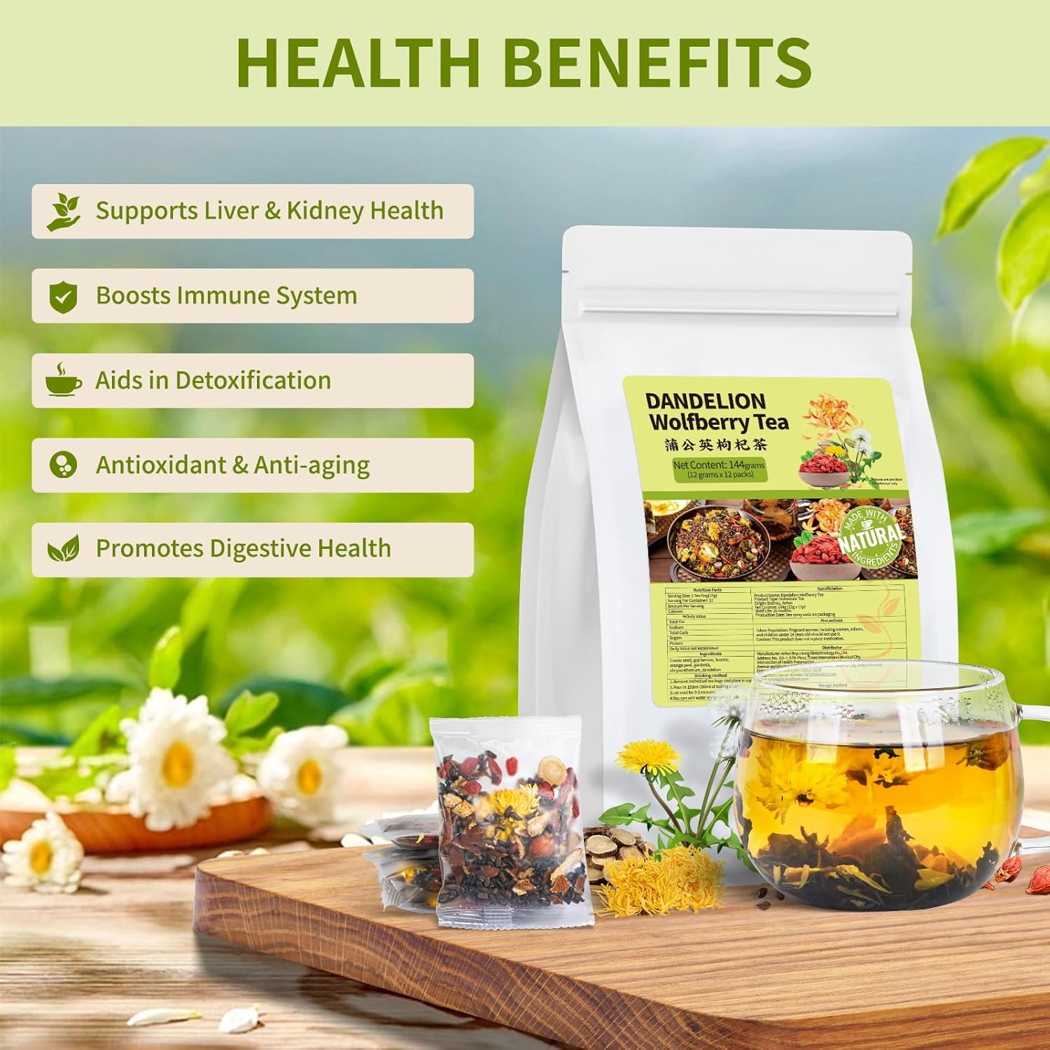 Dandelion Wolfberry Tea, Natural Kidneys & Liver Health Dandelion Root Tea with Dandelion, Wolfberry, Cassia Seed, Chrysanthemum, Licorice, Orange Peel, Gardenia (3 Pack/36 Bags)