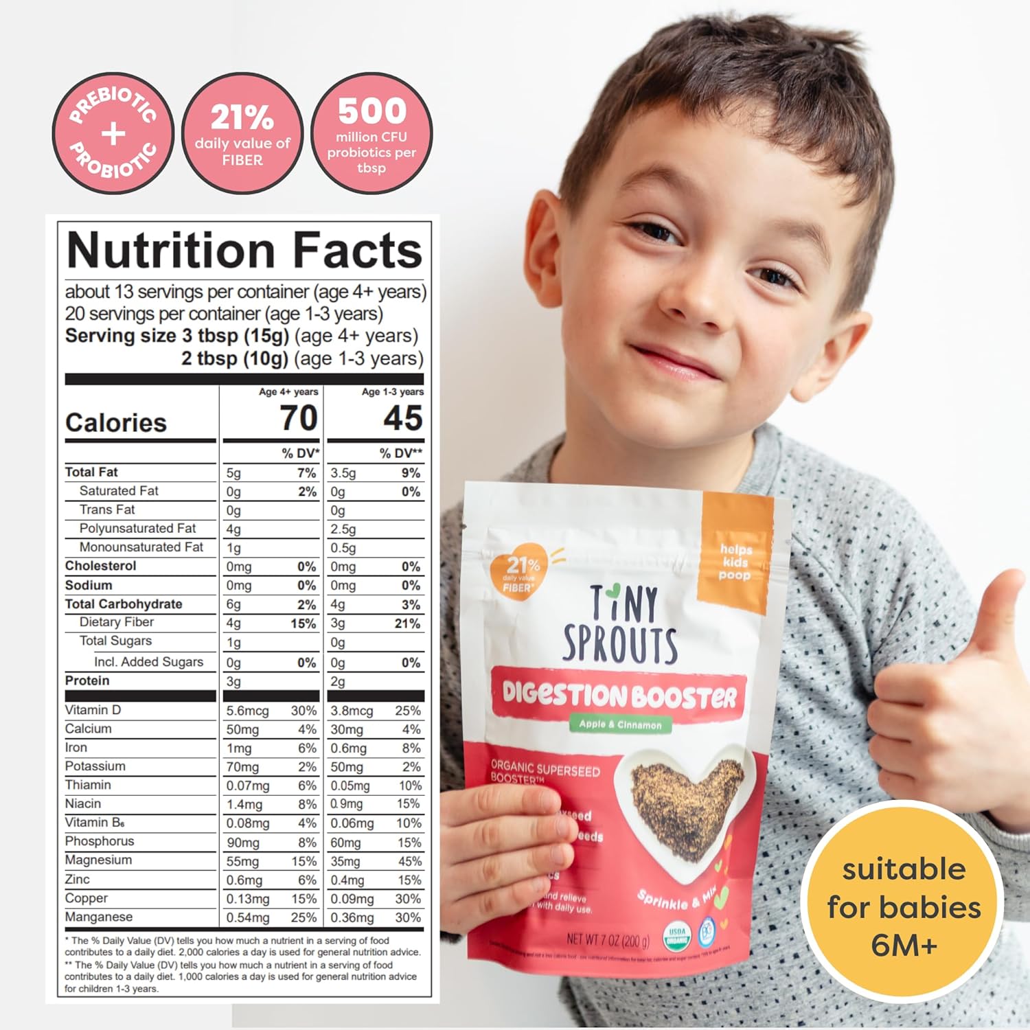 Organic Milled Chia & Flax Seed Digestion Blend with VITAMIN D + PROBIOTICS Prebiotic Fiber Superseeds for 6M+ Babies Toddlers & Kids for Digestive Support (Apple & Cinnamon, 7oz x 2 Pack)